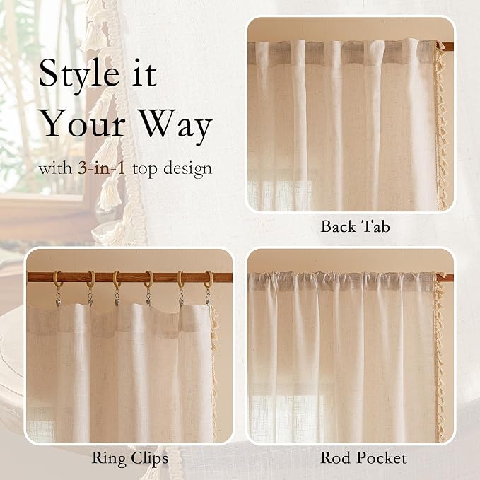 MYSKY HOME 90 Inch Boho Cream Semi Sheer Curtains Light Filtering Back Tab - Image 3