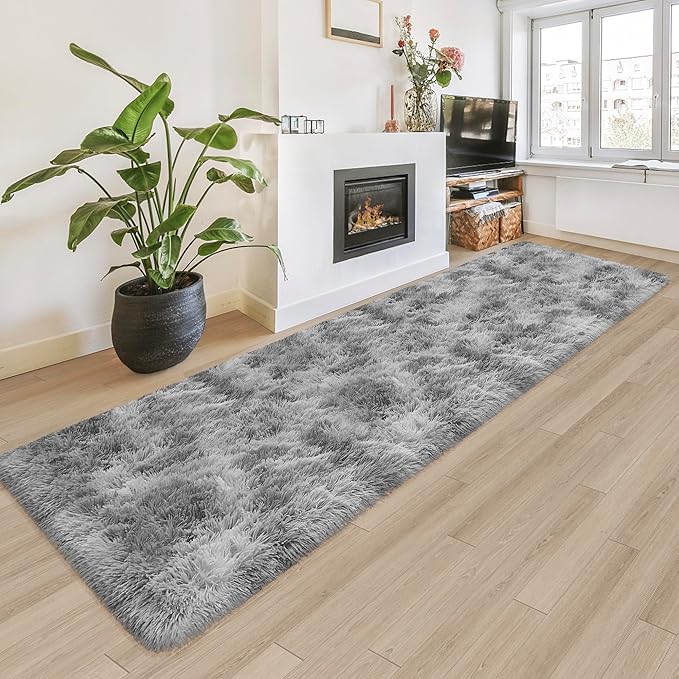 Super Soft Fluffy Living Room Area Rug 2x8 ft Tie-Dyed Light Grey Shaggy Furry by JiaoBaba