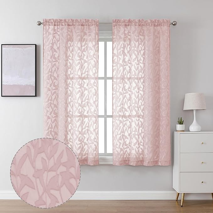 Lecloud Leia Clip Leaf Pink Sheer Curtains 63 Inch Length 2 Panels, Dual Rod by Lecloud