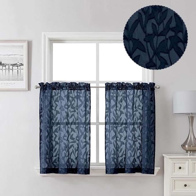 Lecloud Leia Navy Blue Sheer Curtains 2 Pieces, 30 Inch Short Curtains by Lecloud
