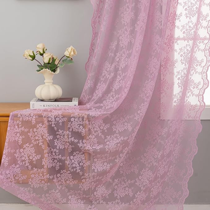 YJ YANJUN Vintage Lace Curtains 108 Inch Long-Victorian Floral Pattern Lilac - Image 4