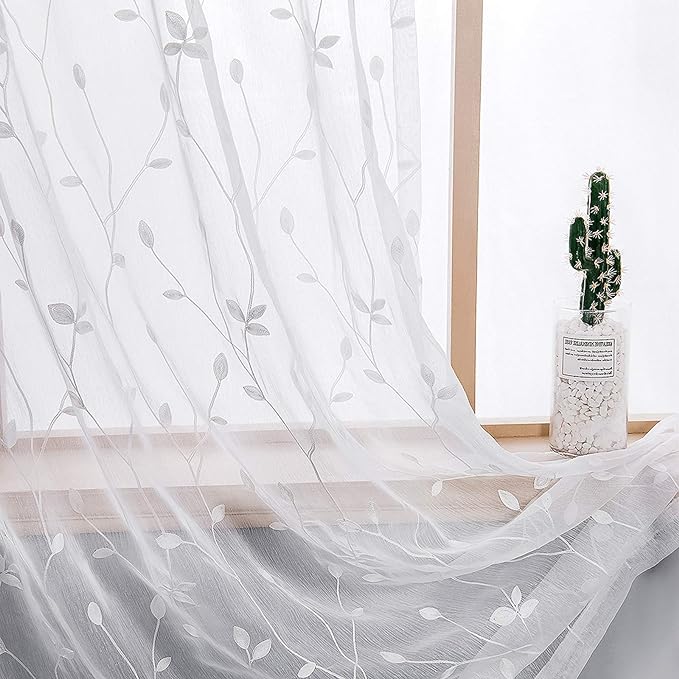 AmHoo 2 Panels Embroidered Leaf Pattern Semi Sheer Curtains Foliage Floral by AmHootextile