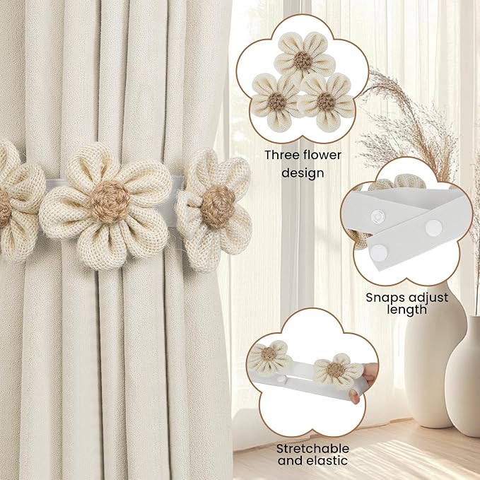 KLOGTSIND Flower Curtain Tiebacks, 6 Pack Boho Curtain Ties Elegant Three - Image 4