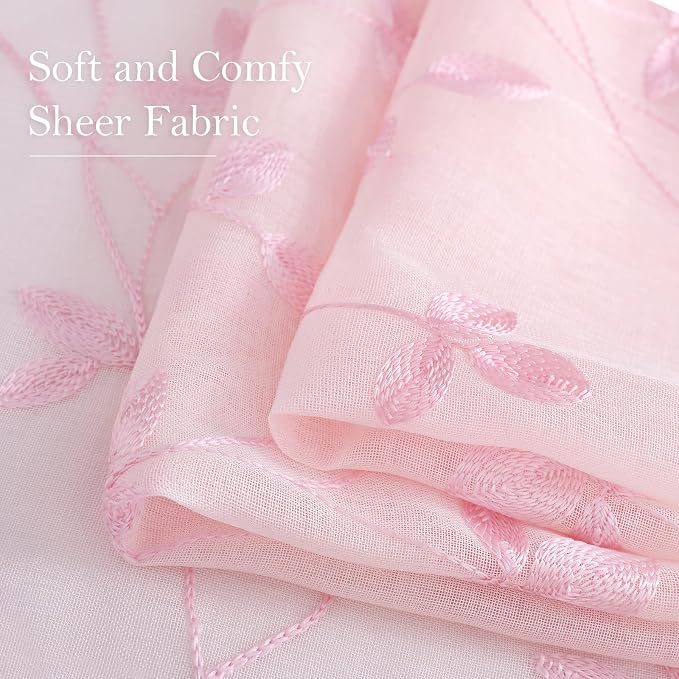 HOMEIDEAS Pink Sheer Curtains 52 X 96 Inches Length 2 Panels Embroidered Vine - Image 4