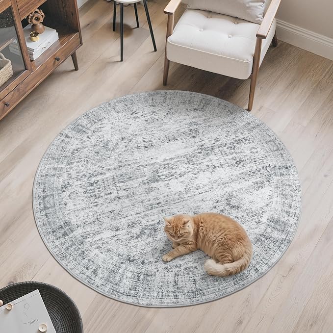 Soalmost 5x5 Grey Round Rug 5ft Living Room Circle Rug Vintage Gray Round Area - Image 9