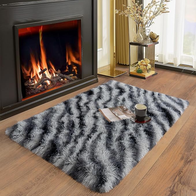 Soft Runner Rugs for Bedroom Hallways, 2x3 Black and White Fluffy Shag Throw - Image 4