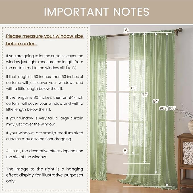 WAZZIO Boho Lace Curtains 63 Inches 2 Panel, Light Filtering Privacy Tassel & - Image 8