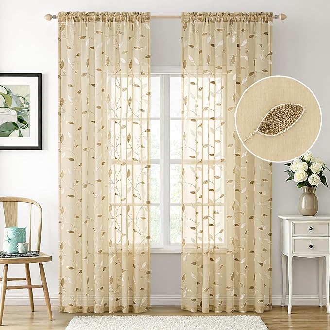 MIULEE Beige Sheer Curtains 2 Panels Embroidered Leaf Patterned Rod Pocket - Image 2