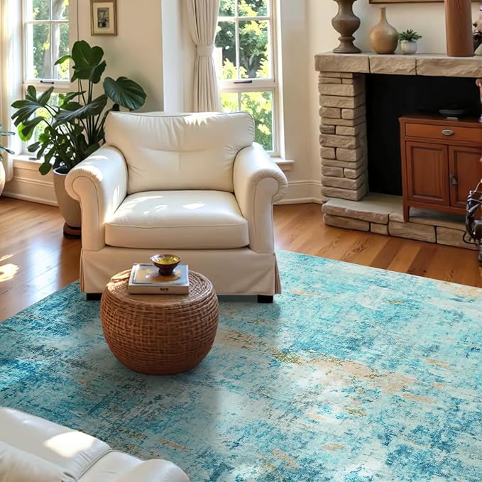 Entryway Rug 3x5 Teal Blue Bedroom Area Rug Washable Non Slip Abstract Boho Rugs - Image 3