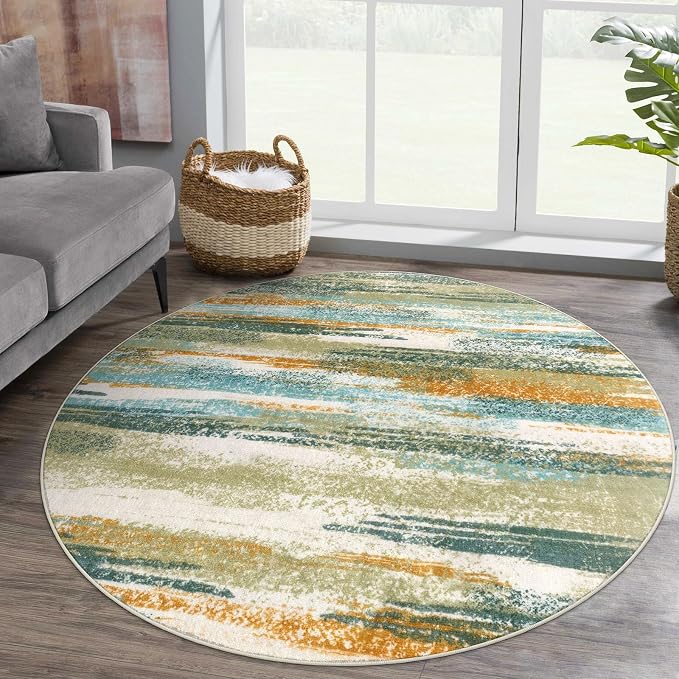 Lansny Modern Abstract Round Rug 5Ft, Soft Circular Dining Room Rug Thin Print - Image 2