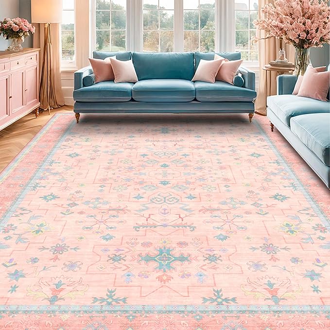 Washable Pink and Blue 6x9 Oushak Rugs - Image 9