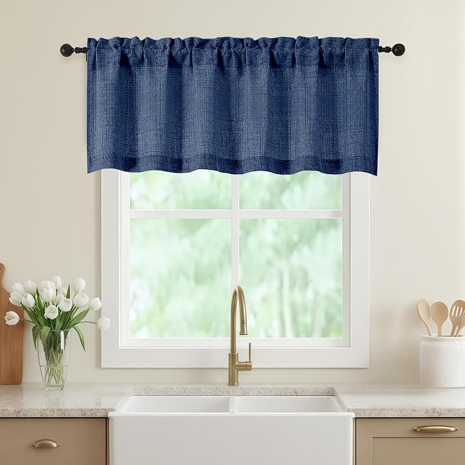 Navy Blue Valances for Windows, Light Filtering Faux Linen Textured Small Short by WelvetBLK