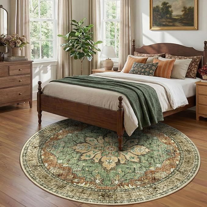 Area Rugs 8ft Washable Non-Slip, Floral Vintage Distress Print Pattern - Image 3