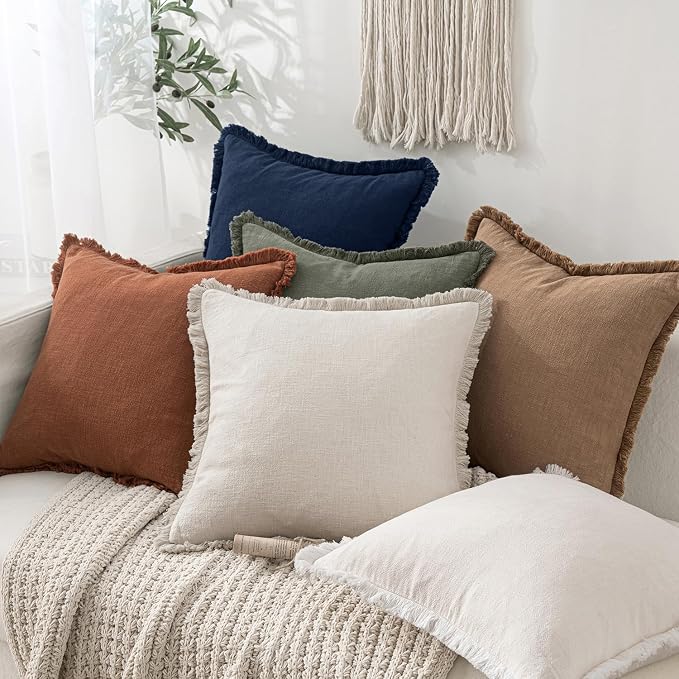 MIULEE Boho Linen Fringe Decorative Throw Pillow Covers Dark Navy 20x20 | Set - Image 5