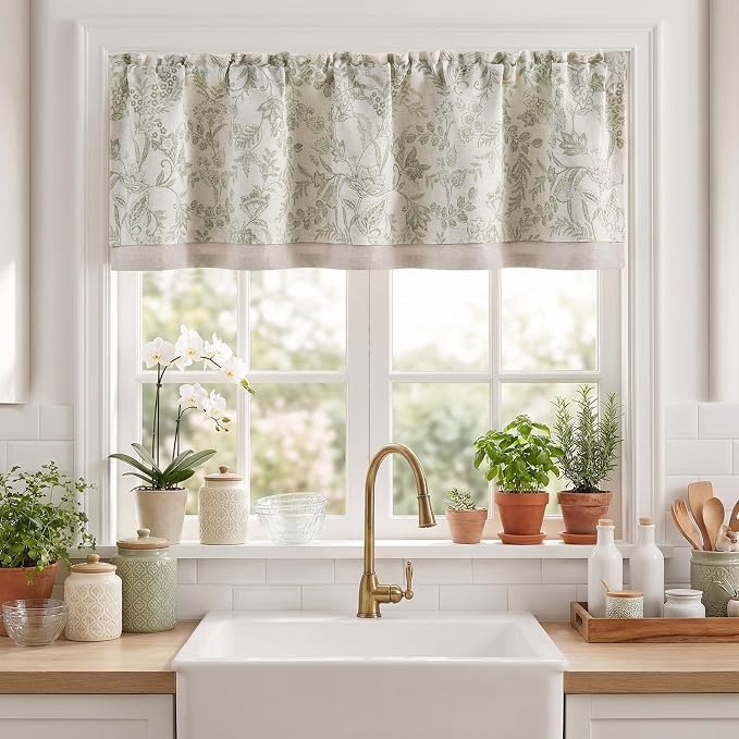 jinchan Linen Valance Curtain Farmhouse Floral Printed Small Window Curtain - Image 2