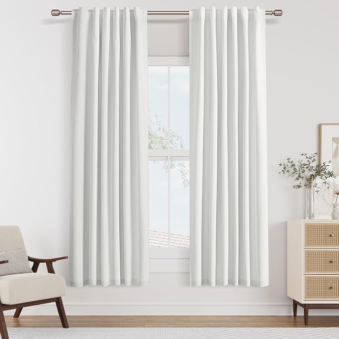 White 100% Blackout Linen Curtains 40 Inch Wide by 72 Inch 2 Panels Set by Guken