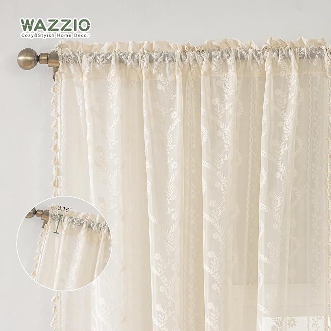 WAZZIO Boho Lace Curtains 2 Panels 84 Inches Long-Cute Vintage Victorian Sheer - Image 7