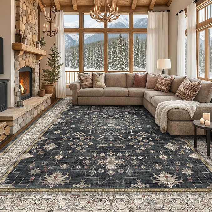 Black Boho Rug for Living Room 9x12 by HazoHaus