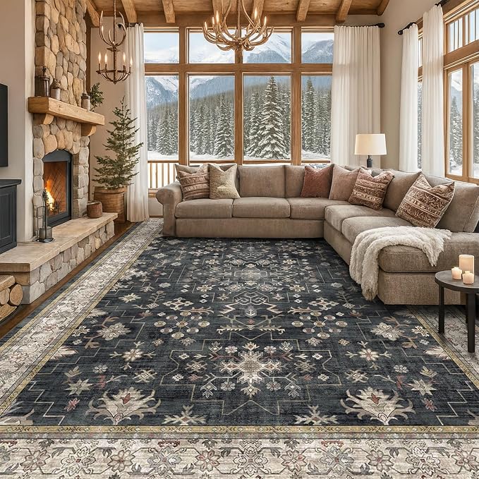 Boho Black Rug for Living Room by HazoHaus