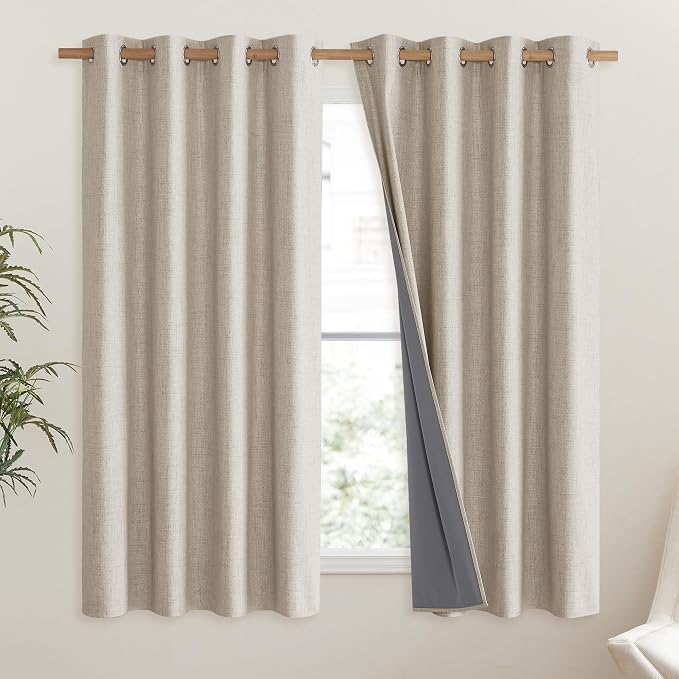 NICETOWN Oatmeal Linen Complete Blackout Curtains 48 inches - Image 2