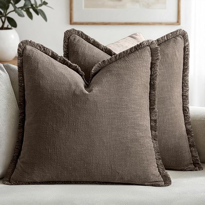 MIULEE Decorative Throw Pillow Covers Neutral Linen Fringe Throw Pillows Euro by MIULEE