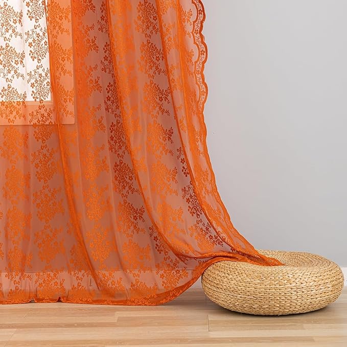YJ YANJUN Vintage Lace Curtains 108 Inches Long- Burnt Orange Floral Sheer - Image 4