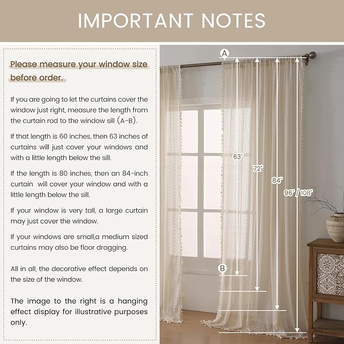 WAZZIO Boho Lace Curtains 108 Inch 2 Panel, Light Filtering Privacy Tassel & - Image 8