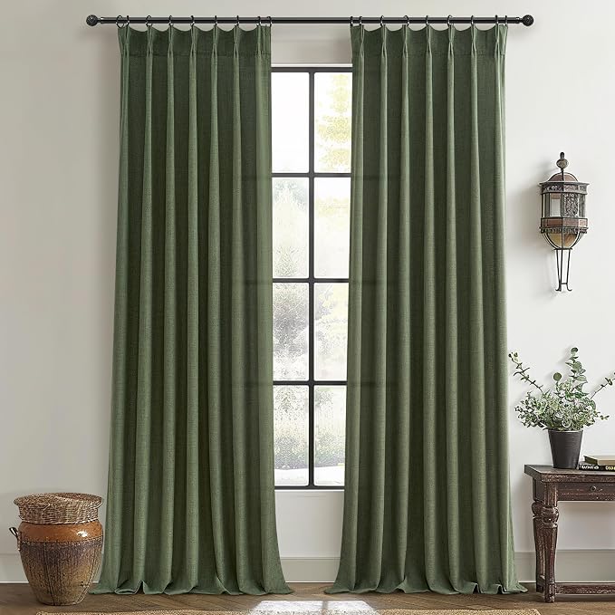 Dark Green Textured Linen Blend Curtains 102 Inches Long by PleatedDrapes