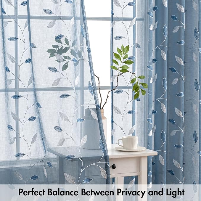 MIULEE Stone Blue Sheer Curtains 2 Panels Embroidered Leaf Patterned Rod Pocket - Image 5