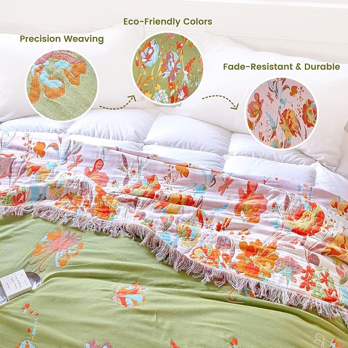 MSGKV Boho Throw Blanket 50"x60" Floral 100% Cotton Blanket - Image 3