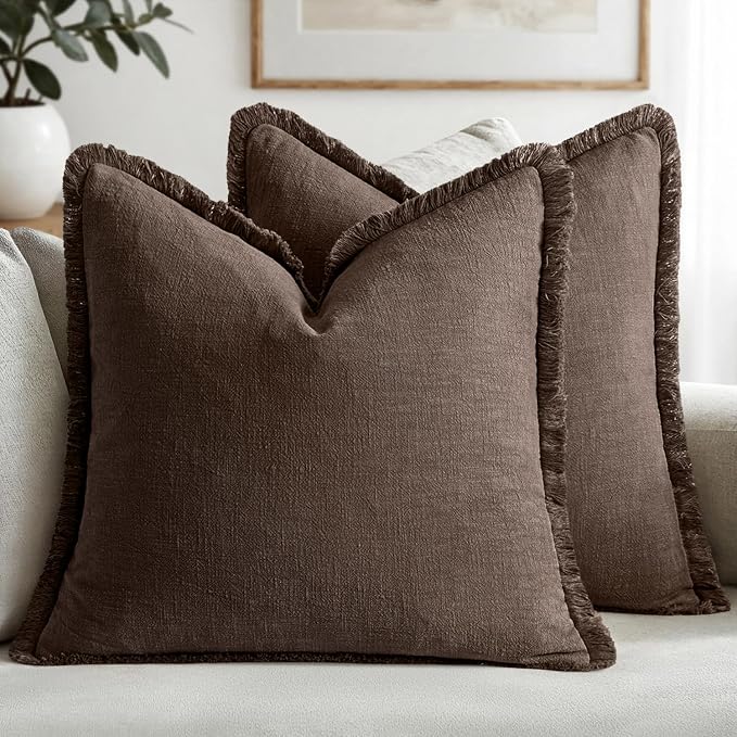 MIULEE Boho Linen Fringe Decorative Fall Pillow Covers Reddish Brown 20x20 | by MIULEE