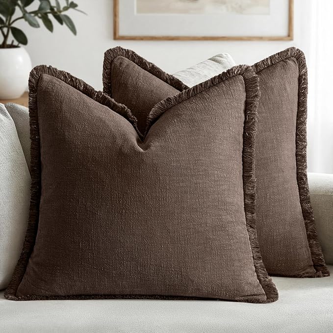 MIULEE Boho Linen Fringe Decorative Fall Pillow Covers Reddish Brown 18x18 | by MIULEE