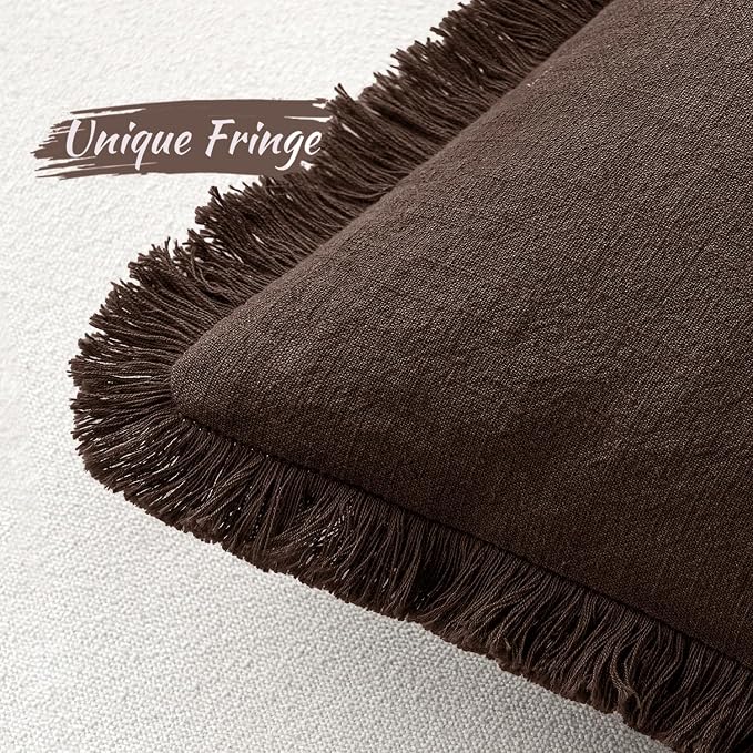 MIULEE Linen Fringe Decorative Fall Euro Pillow Covers Dark Brown 22x22 | Set - Image 4