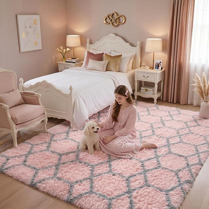 5x7 Area Rugs for Living Room Bedroom, Fluffy Pink and Grey Geometric Rug | - Image 6