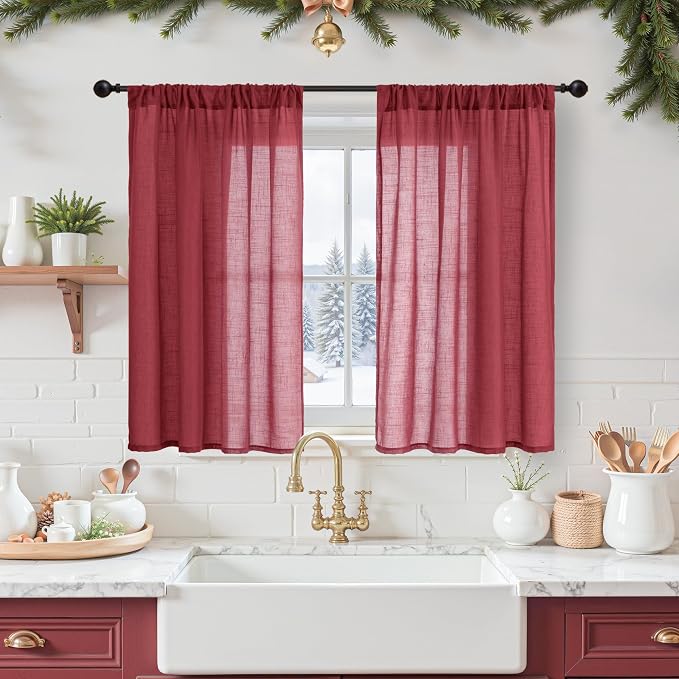 BGment Burgundy Linen Kitchen Curtains 40 Inch Length, Short Semi Sheer Drapes by BGment
