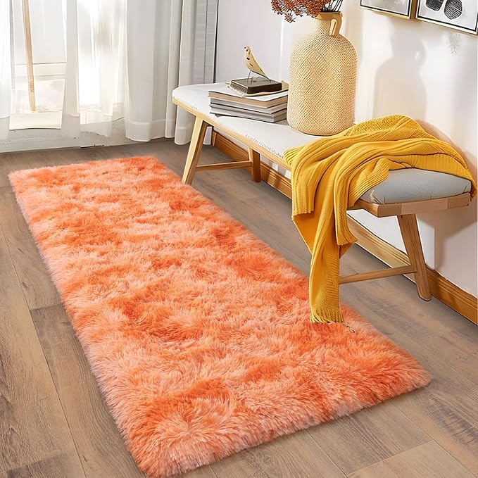 Soft Runner Rugs for Bedroom Hallways, 2x6 Tie-Dyed Orange Fluffy Shag Throw - Image 6