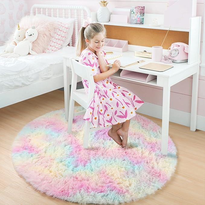 Amdrebio Rainbow Fluffy Small Round Rug 3Ft Kids Rugs - Image 7