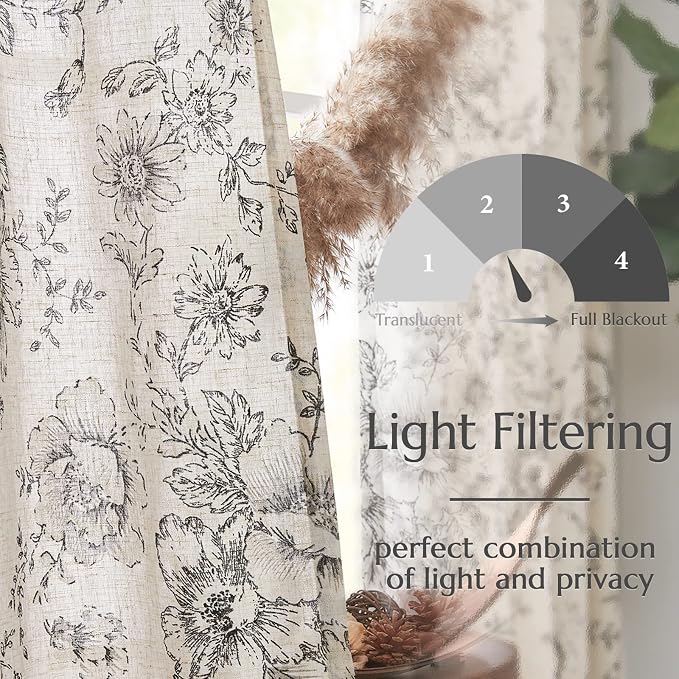 jinchan Linen Blend Curtain Floral Curtains - Image 3