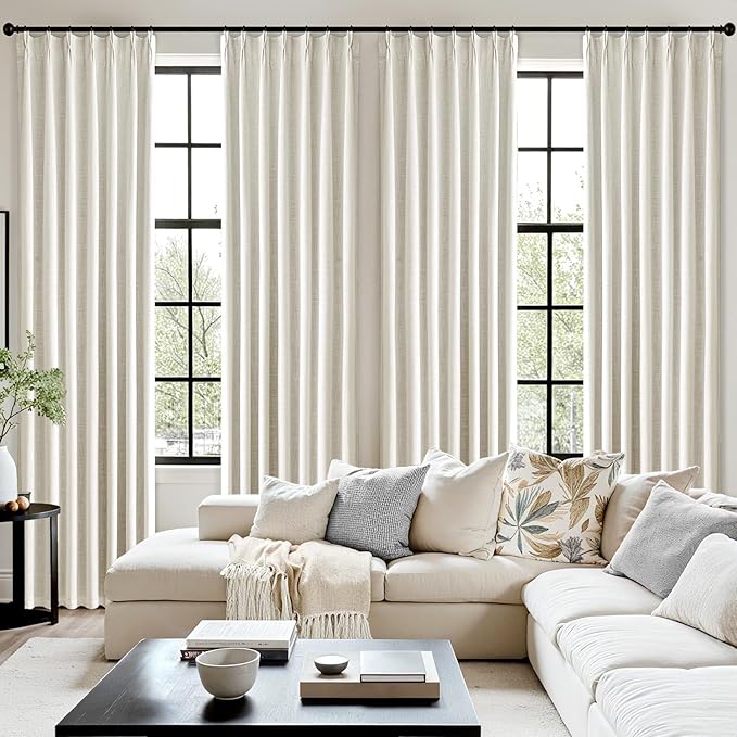 MIULEE Beige White Pinch Pleated 100% Blackout Linen Curtains 40x96 Inches | - Image 7