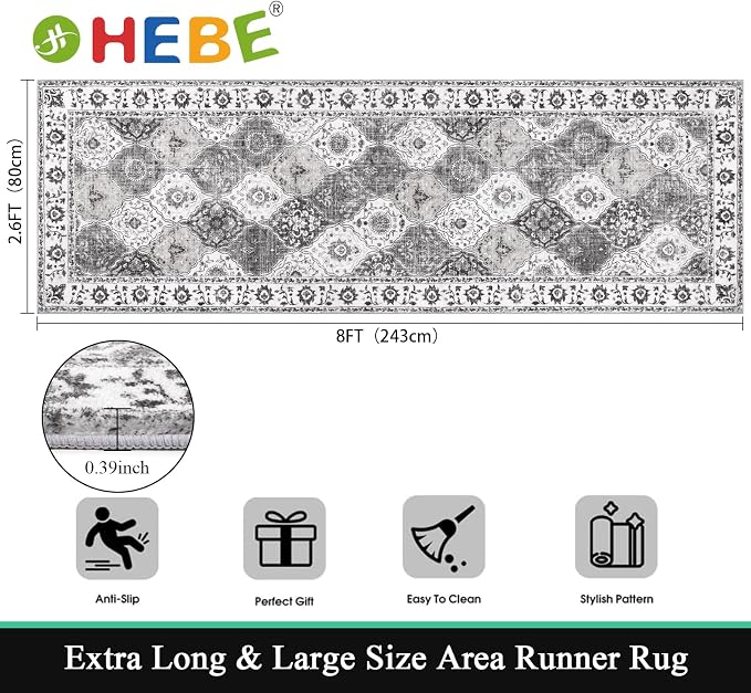 HEBE Hallway Runner Rug 2'8''x8' Washable Vintage Distressed Area Rugs Non Slip - Image 2