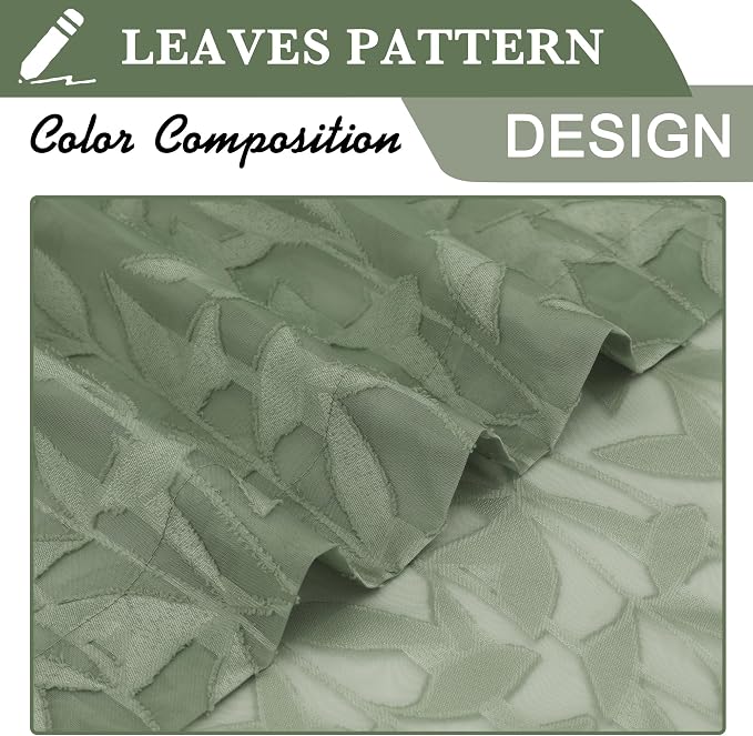 Lecloud Leia Sage Green Sheer Curtains 16 Inch Length 2 Pcs, Jacquard Leaf - Image 4