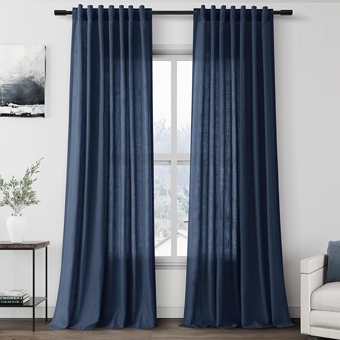 Denim Blue Linen Curtains 102 Inches Long Rod Pocket Back Tab Drapes 2 Panels by Nanspring