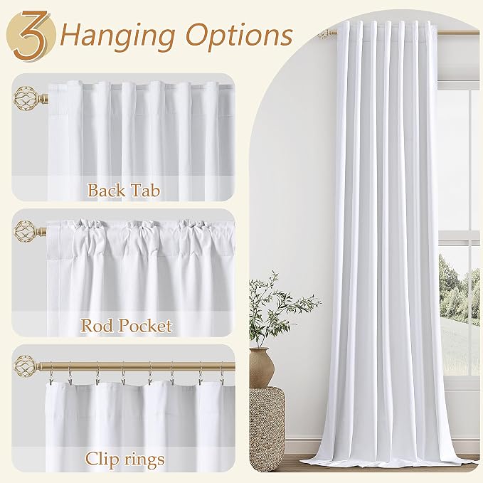 Guken White 100% Blackout Linen Curtains 144 Inch Length 2 Panels Set - Image 6