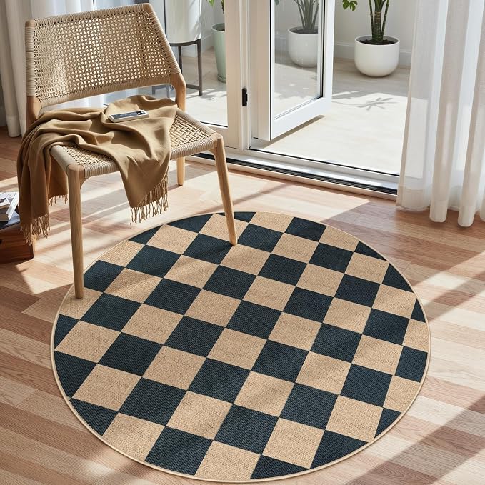Lahome Colette Checkered 4 ft Easy Jute Round Rug, Washable Small Rugs by Lahome