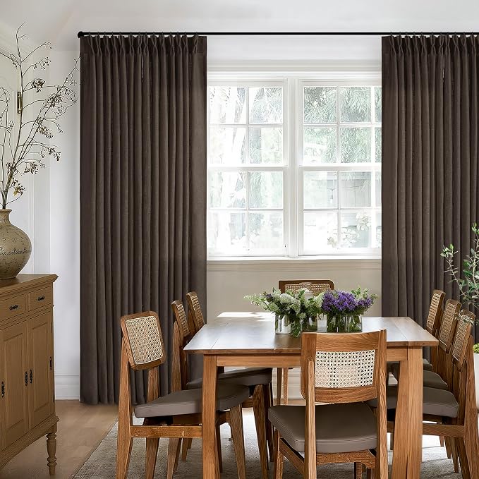 Dark Chocolate 90 Inch Pinch Pleated Semi Sheer Linen Curtains 2 Panels | - Image 9