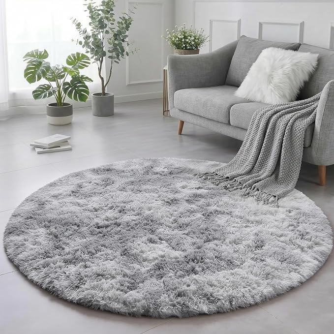 Amdrebio Tie-Dyed Light Grey Round Area Rug 4Ft by Amdrebio