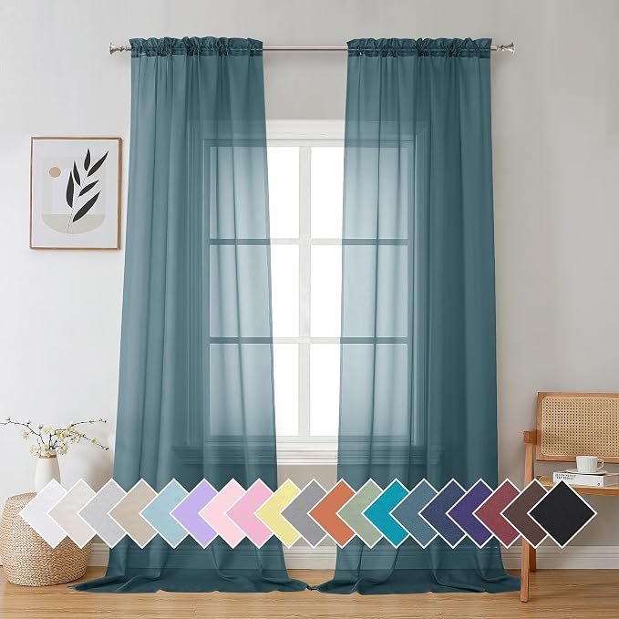 Aiyufeng Dusty Blue Sheer Curtains 96 Inches Long 2 Panels Set, Light Filtering by Aiyufeng