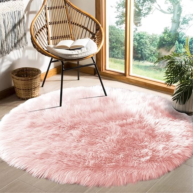 Goolela Pink Round Rug 6ft Circle Fluffy Fuzzy Furry Carpet - Image 2