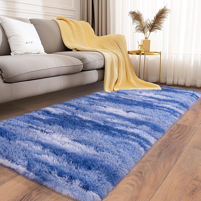Soft Runner Rugs for Bedroom Hallways, 2x5 Abstract Blue White Fluffy Shag - Image 2
