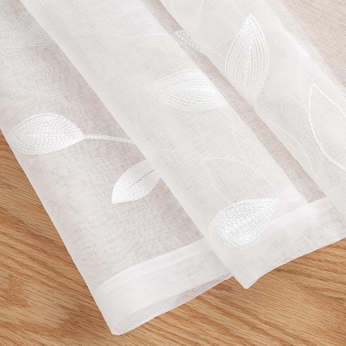 HOMEIDEAS White Sheer Kitchen Curtains 30 X 36 Inch Length 2 Panels Embroidered - Image 5